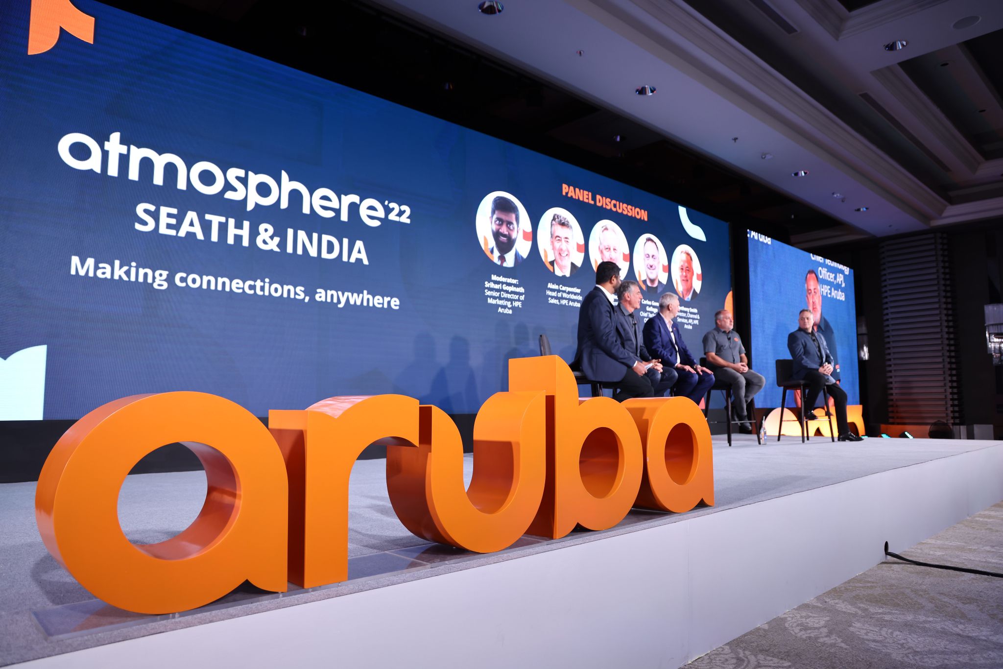 Image: (Left to Right) Senior Director of Marketing at HPE Aruba, Srihari Gopinath, Head of Worldwide Sales at HPE Aruba, Alain Carpentier, Vice President, APJ at HPE Aruba, Steve Wood, Chief Technology Officer, APJ at HPE Aruba, Carlos Gomez Gallego and Director, Channel & Services, APJ at HPE Aruba, Anthony Smith.