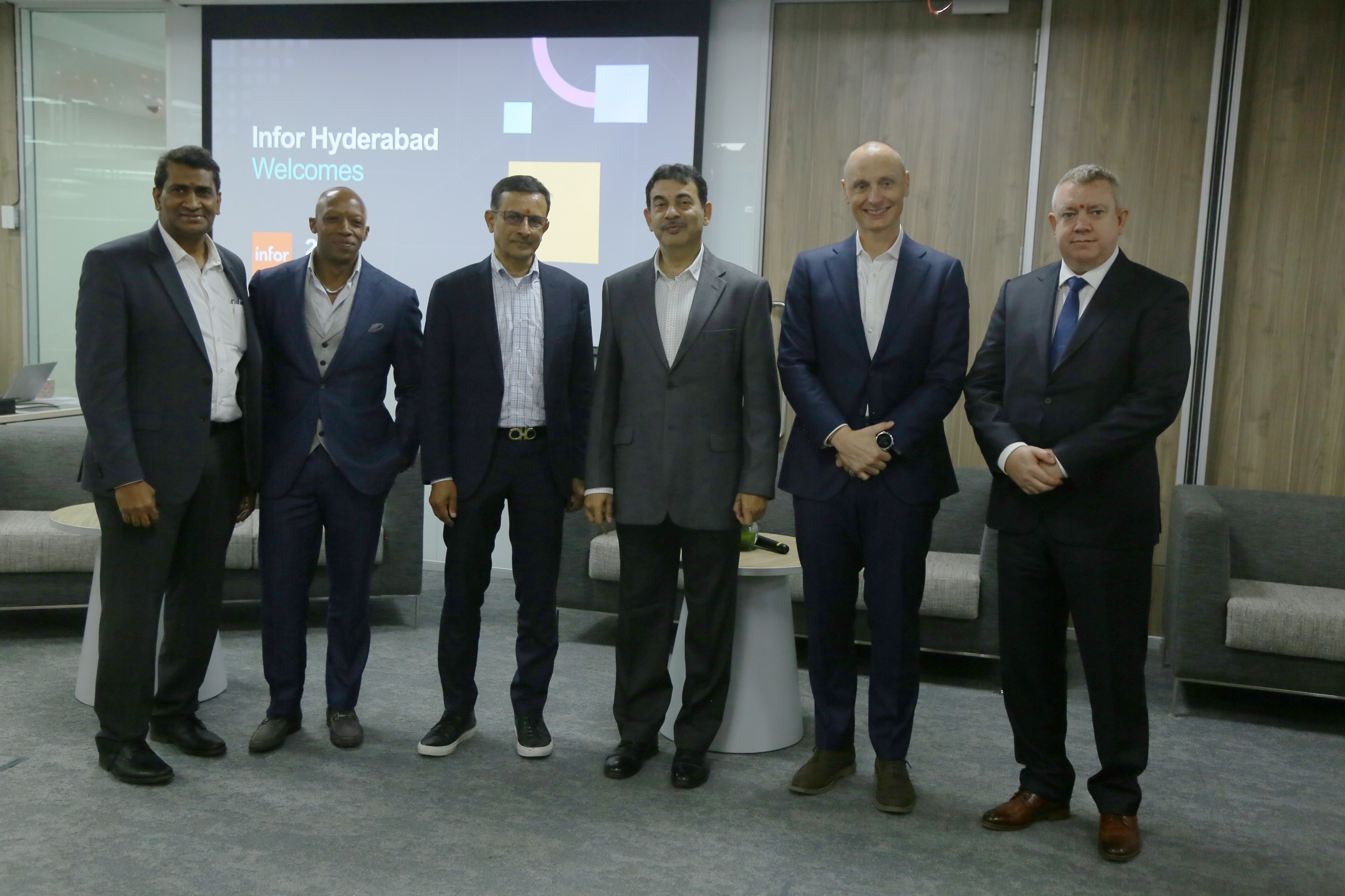 Leaders at the grand opening of Infor’s new Hyderabad development center: (from left) Ranga Pothula, Infor SVP, Global Delivery Services; John Frank, Infor president, Customer Experience Services, Professional Services; Soma Somasundaram, Infor president and CTO, Products and Technology, Development; Shri Jayesh Ranjan, principal secretary, Industries & Commerce (I&C) and Information Technology (IT) Departments, Telangana government; Kevin Samuelson, Infor CEO; and Ben Perry, Infor chief human resources officer.