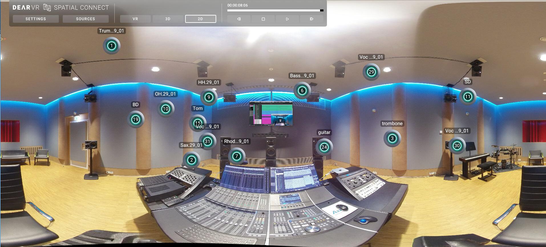 dearVR SPATIAL CONNECT provides a comprehensive overview of a spatial audio session by simulating the audio placements in a VR environment