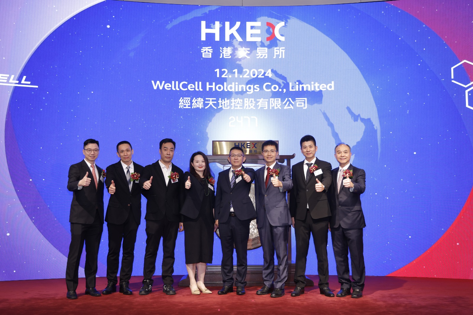 Caption: Mr. Jia Zhengyi, Executive Director, Chairman of the Board and CEO of WellCell (4th from right), Mr. Kang Hong, Deputy Secretary-General of Zhuhai Municipal People's Government (3rd from right). Mr. Cong Bin, Executive Director (2nd from left), Mr. Lin Qihao, Non-executive Director (3rd from left), Mr. Yu Tao, Vice General Manager (2nd from right), Ms. Chen Shenmao, Vice General Manager and Financial Controller (4th from left), joint sponsors Mr. Derek Chan of Halcyon Capital (1st from right) and Mr. Thomas Yu, Managing Director of Eddid Capital (1st from left), attended the listing ceremony.